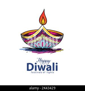 happy Diwali. Indian festivals of light with outline Diya. vector illustration design Stock Vector