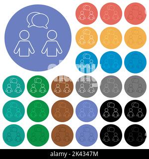 Two talking persons with oval bubbles outline multi colored flat icons on round backgrounds. Included white, light and dark icon variations for hover Stock Vector