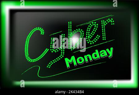 Cyber Monday sale, discount shopping concept, square commercial or label. Green light digital style text on black background Stock Vector
