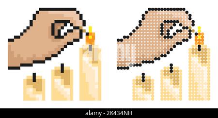 Pixel icon. Hand holds burning match over candles. Preparing for the holiday, lighting candles. Simple retro game vector isolated on white background Stock Vector