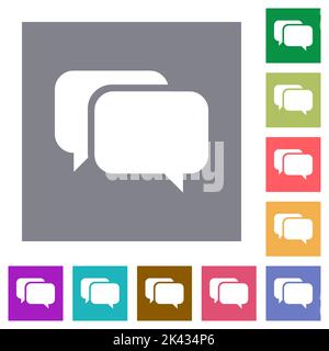 Two rounded square chat bubbles solid flat icons on simple color square backgrounds Stock Vector