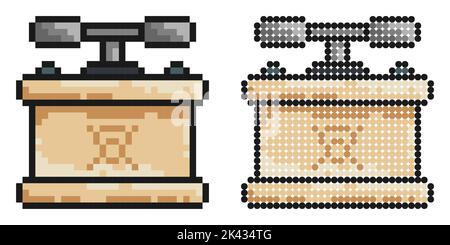 Pixel icon. Box with handles for detonating dynamite charge at mining site. Equipment for pyrotechnics. Simple retro game vector isolated on white bac Stock Vector