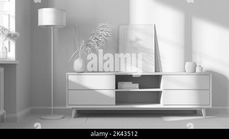 Total white project draft, wooden living room, frame mock up, modern commode, chest of drawers, wallpaper, window and parquet. Interior design backgro Stock Photo
