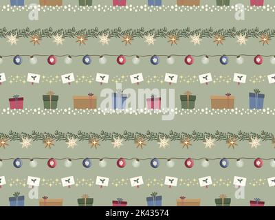 Christmas seamless pattern with gifts, stars, plants, lights and snowflakes. Flat design. Vector illustration Stock Vector