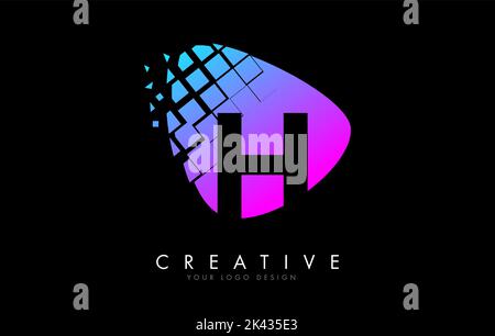 Letter H Design with Colorful Pink and Blue Shattered Blocks Vector Illustration. Pixel art of the H letter logo. Stock Vector