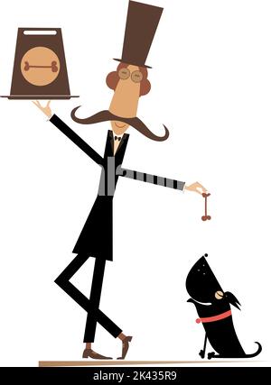 Cartoon long mustache gentleman in the top hat holds a packet with dog food feeds a dog by bone. Isolated on white background Stock Vector
