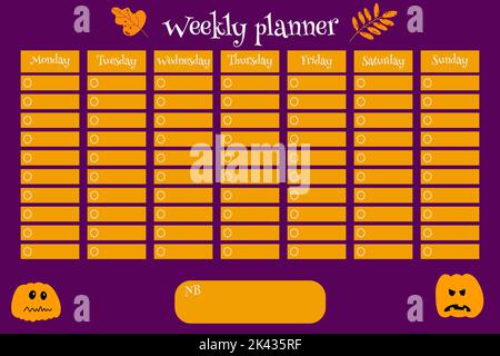 Weekly planner kids template with pumpkin and leaves. Autumn halloween funny colorful vector illustration for stationary, schedule, list, school Stock Vector