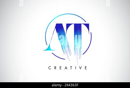 AT Brush Stroke Letter Logo Design. Blue Paint Logo Leters Icon with Elegant Circle Vector Design. Stock Vector