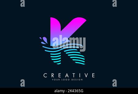 Colorful K Letter Logo with Waves and Water Drops Design Vector Illustration. Stock Vector