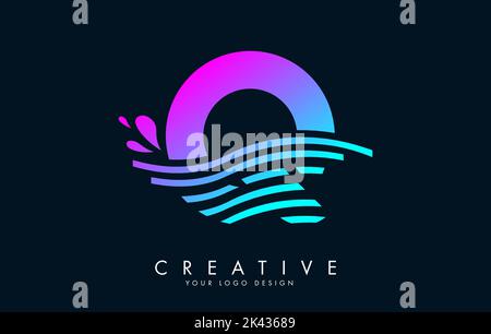 Colorful Q Letter Logo with Waves and Water Drops Design Vector Illustration. Stock Vector