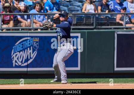 September 25 2022: Seattle third baseman Ty France (23) makes a play during the game with Seattle Mariners and Kansas City Royals held at Kauffman Stadium in kansas City Mo. David Seelig/Cal Sport Medi Stock Photo