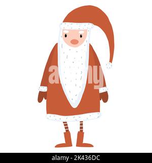 Standing Santa Claus with long red hat. Cartoon Christmas holiday character. Vector illustration of Father Frost. Man dressed as Santa Claus Stock Vector