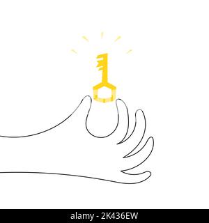 Hand brush palm holds a yellow metal key from the lock with his fingers. One continuous drawing hand drawn art doodle isolated minimal illustration. C Stock Vector