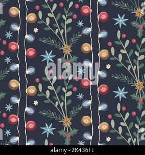 Christmas seamless pattern with plants, holly, stars, baubles and lights. Flat design. Vector illustration Stock Vector