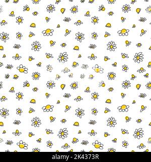 Seamless pattern with doodle black daisies on a white background. Chamomile linear ink flower wallpaper Stock Vector