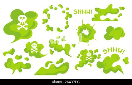 Set of green poison gas. Collection of toxic icon and polluted clouds. Dangerous dust with skull and thick radiation fog. Death vapor and death smoke Stock Vector