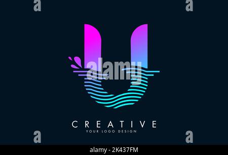 Colorful U Letter Logo with Waves and Water Drops Design Vector Illustration. Stock Vector