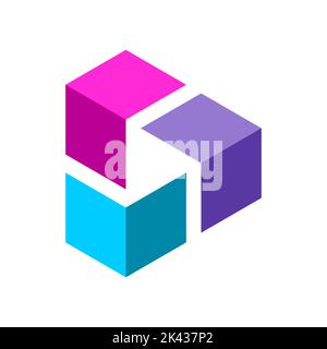 Play triangle symbol inside 3D cube elements. Isometric block shapes make unity. Colorful business logo. Technology media industry. Play button Vector Stock Vector