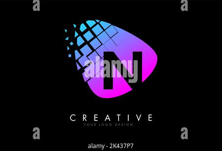 Letter N Design with Colorful Pink and Blue Shattered Blocks Vector Illustration. Pixel art of the N letter logo. Stock Vector