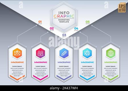 Infographic business design hexagon icons colorful marketing template vector. 5 options or steps on gray background. You can used for Marketing proces Stock Vector