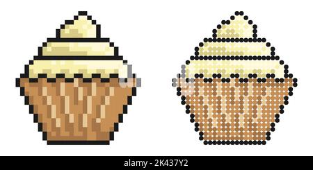 Pixel icon. Dessert basket with cream. Sweet muffin with whipped cream. Simple retro game vector isolated on white background Stock Vector