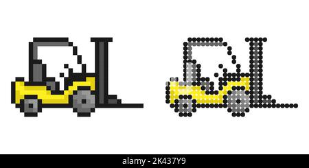 Pixel icon. Forklift to move goods around the warehouse. Transport for unloading and transporting. Simple retro game vector isolated on white backgrou Stock Vector