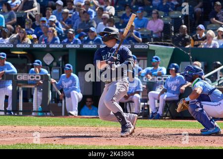 September 25 2022: Seattle third baseman Ty France (23) gets a hit during the game with Seattle Mariners and Kansas City Royals held at Kauffman Stadium in kansas City Mo. David Seelig/Cal Sport Medi Stock Photo