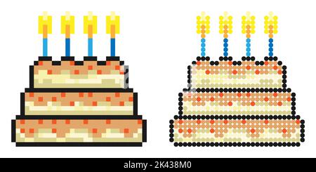 Pixel icon. Celebratory tiered cake with burning candles. Dessert for birthday celebration. Simple retro game vector isolated on white background Stock Vector