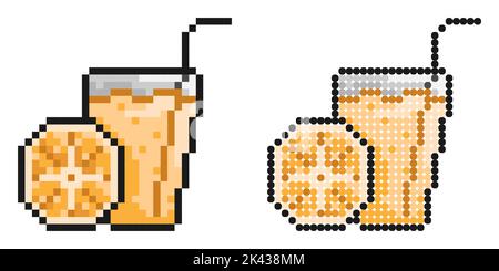 Pixel icon. Glass of refreshing citrus juice with straw and orange slice. Refreshing drinks in summer heat. Simple retro game vector isolated on white Stock Vector