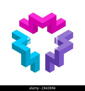 Colorful isometric logo made of three block shape design elements. Abstract M, L, S, Z, letter. Blue, purple, pink parts make unity. Unique vector.