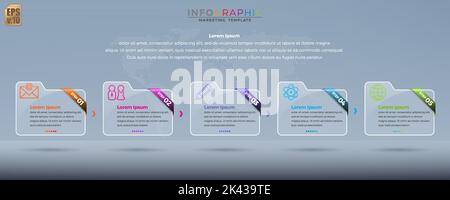 Infographic vector design Business colorful template folder 5 options or steps in glass transparency style. You can used for Marketing process, workfl Stock Vector