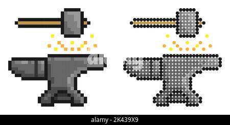 Pixel icon. Hammer hits the anvil. Blacksmith craft, production of metal products. Simple retro game vector isolated on white background Stock Vector