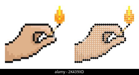 Pixel icon. Hand holds burning match. Careful handling of fire. Simple retro game vector isolated on white background Stock Vector