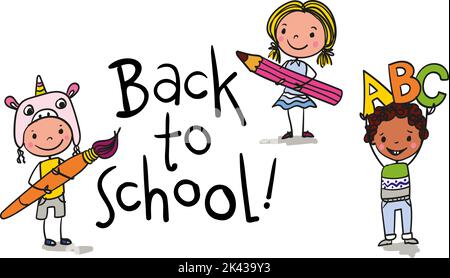 Back to school -cute boys and girls with school supplies like rulers, pencils, brushes, backpack - excited to go back to school - colorful hand-drawn Stock Vector