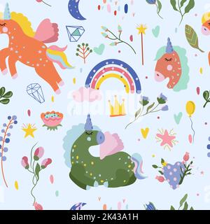 Seamless pattern with magic Unicorn, colorful rainbow, wild flowers and leaves. Cute pattern can be used as textile, fabric, wallpaper, banner and other. Vector illustration Stock Vector