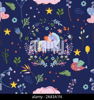 Seamless pattern with magic Unicorn in wreath, colorful bird, balloons, flowers. Bright pattern can be used as textile, wrapping, wallpaper, banner and other. Vector illustration Stock Vector