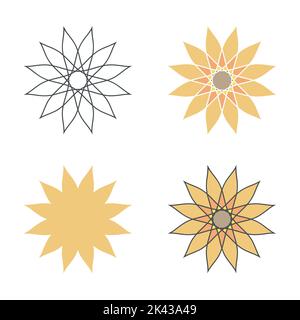 Sun flower icons set, ethnic boho style Logo. Creative flower web decor, outline, colored isolated elements, vector Stock Vector
