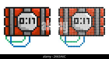 Pixel icon. Bunch of cylinders with dynamite. Timer with clock on explosives. Simple retro game vector isolated on white background Stock Vector