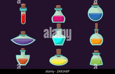 Game icons of bottles with poison or elixir. Cartoon container for health or energy. Collection magical liquid in glass bottles with corks. Vector ill Stock Vector