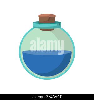 Game icon of bottle with poison or elixir. Cartoon container for health or energy. Magical liquid in glass bottle with cork. Vector illustration of ma Stock Vector