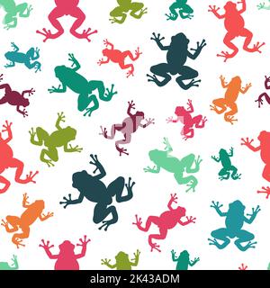 Seamless pattern with silhouettes of tropical tree frogs. Colored vector background on white. Stock Vector