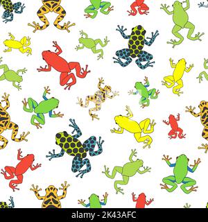 Seamless pattern with tropical tree frogs. Colored vector background on white. Stock Vector