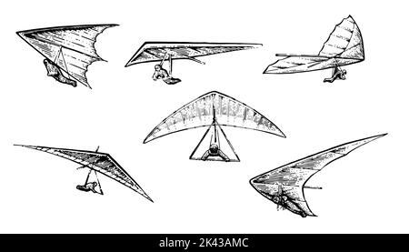Hang glider flying. Set of objects. Hand drawn outline sketch. Isolated on white background. Vector. Stock Vector