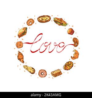 Lettering expressing love for bakery, colorful frame made of hand drawn baked items. Cute card, poster, clothes print Stock Vector