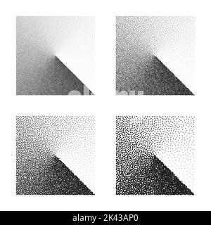 Square shaped dotted objects, stipple elements. Stippling, dotwork drawing, shading using dots. Pixel disintegration, halftone effect. White noise Stock Vector