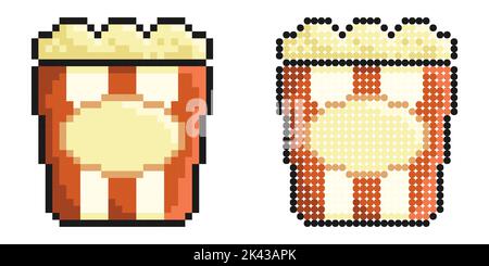 Pixel icon. Packet of popcorn, bucket of airy dessert. Leisure at cinema. Simple retro game vector isolated on white background Stock Vector