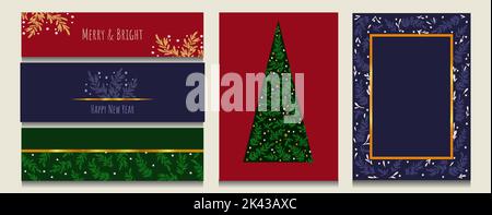 Winter holiday card vector background, Merry Christmas party frame set, party border floral ornament Christmas design Stock Vector