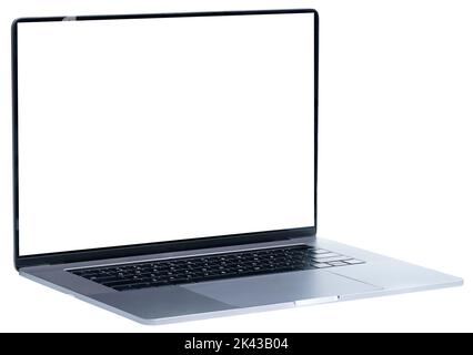 Perspective view of open modern silver metal laptop isolated Stock Photo