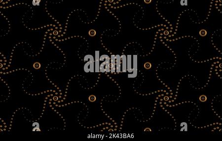 Seamless gold halftone spiral pattern background. Radial speed lines in circle stars shape. Luxury black background. Vector illustration. Golden Stock Vector