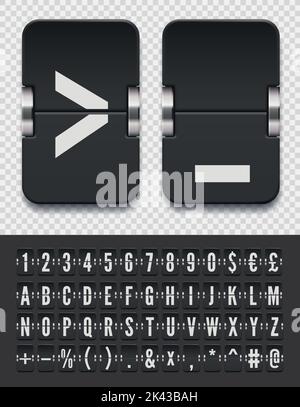 Black terminal mechanical scoreboard alphabet with numbers to display destination and departure vector illustration. Airport flip board regular font for train travel advertising Stock Vector